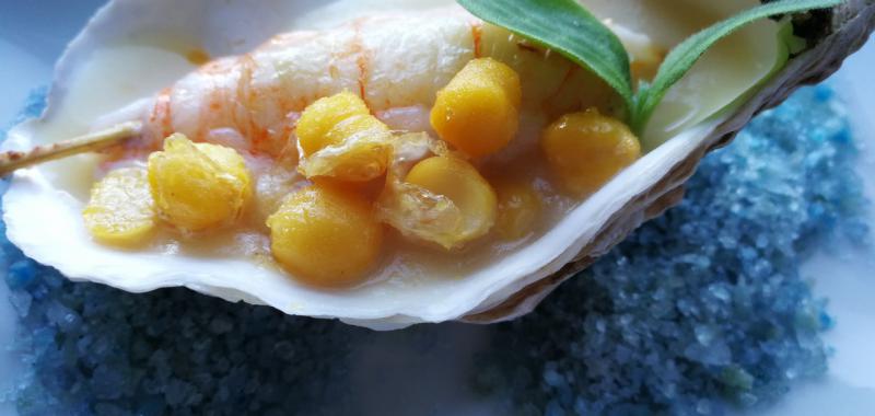Garbanzo pedrosillano frito sobre crema de apio-nabo y cigala